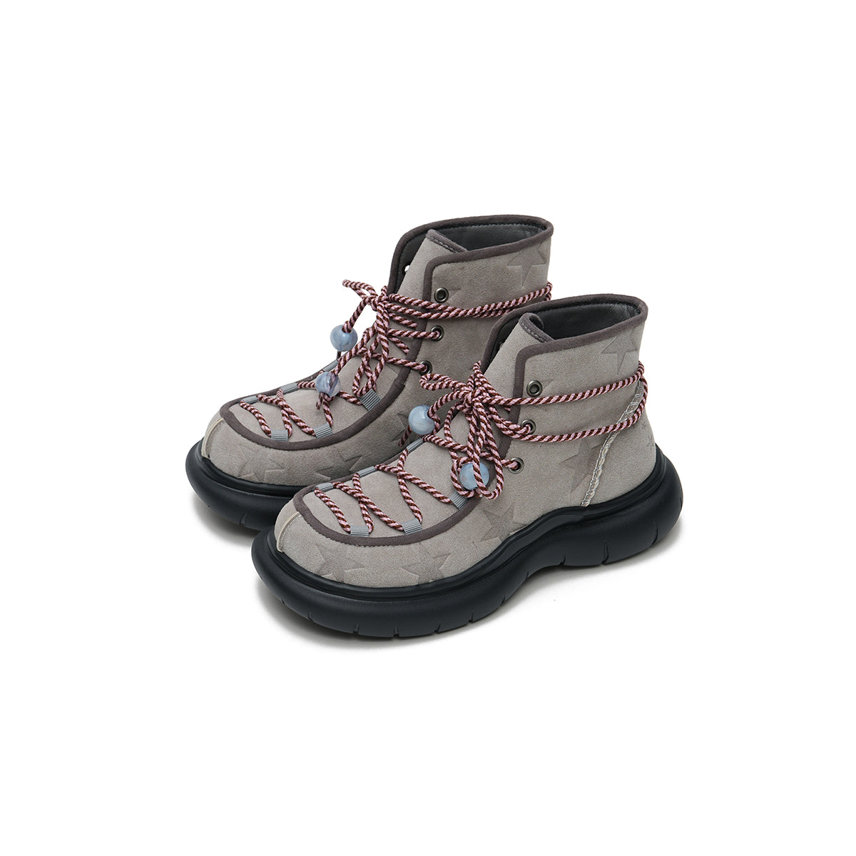Women's Star Embossed Platform Ankle Boots – Beaded Rope Lace Chunky Boots
