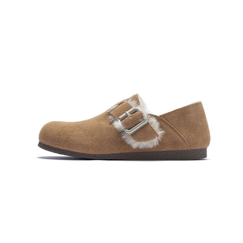 Women's Suede Shearling Clogs – Cozy Buckle Slip-On Mules