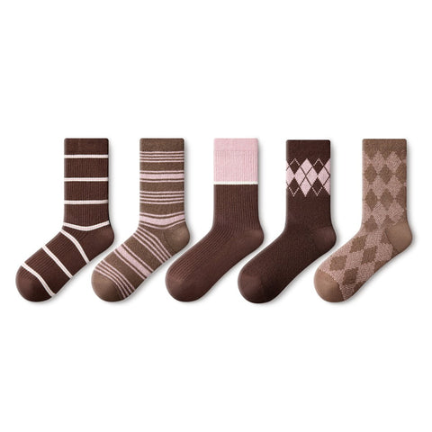 Women's Vintage Stripe & Argyle Mid-Calf Socks - 5 Pair All-Season Set