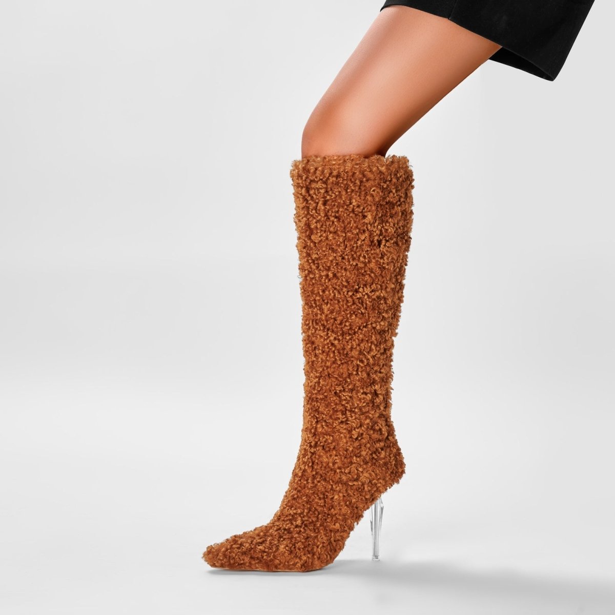 Wooly Pointed Toe Knee High Boots - 0cm