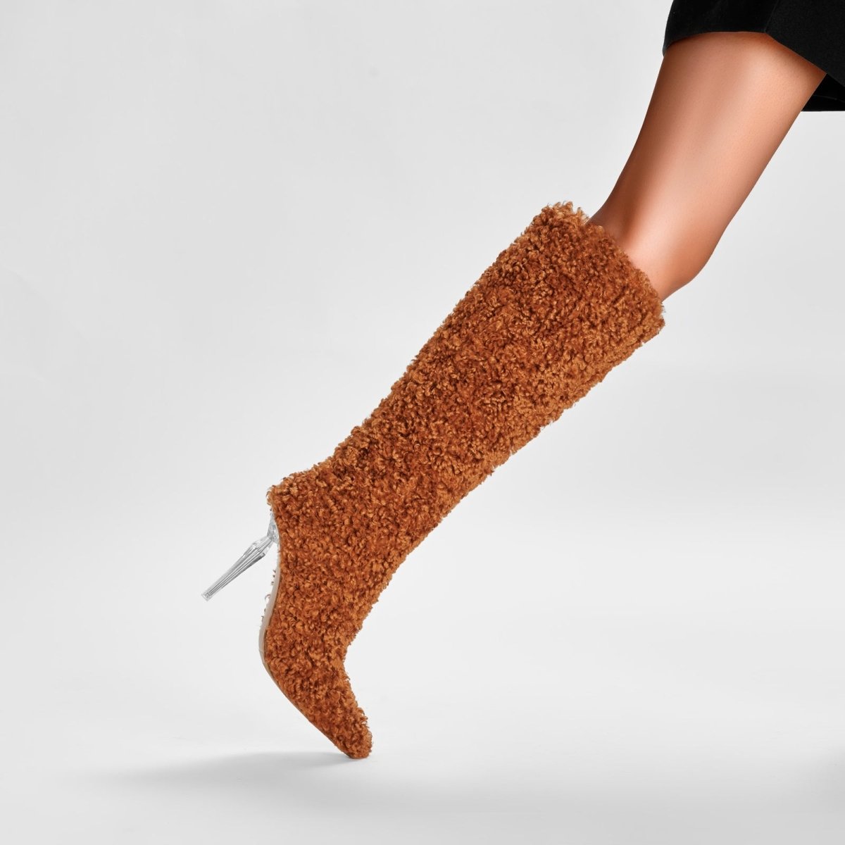 Wooly Pointed Toe Knee High Boots - 0cm