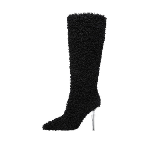 Wooly Pointed Toe Knee High Boots - 0cm