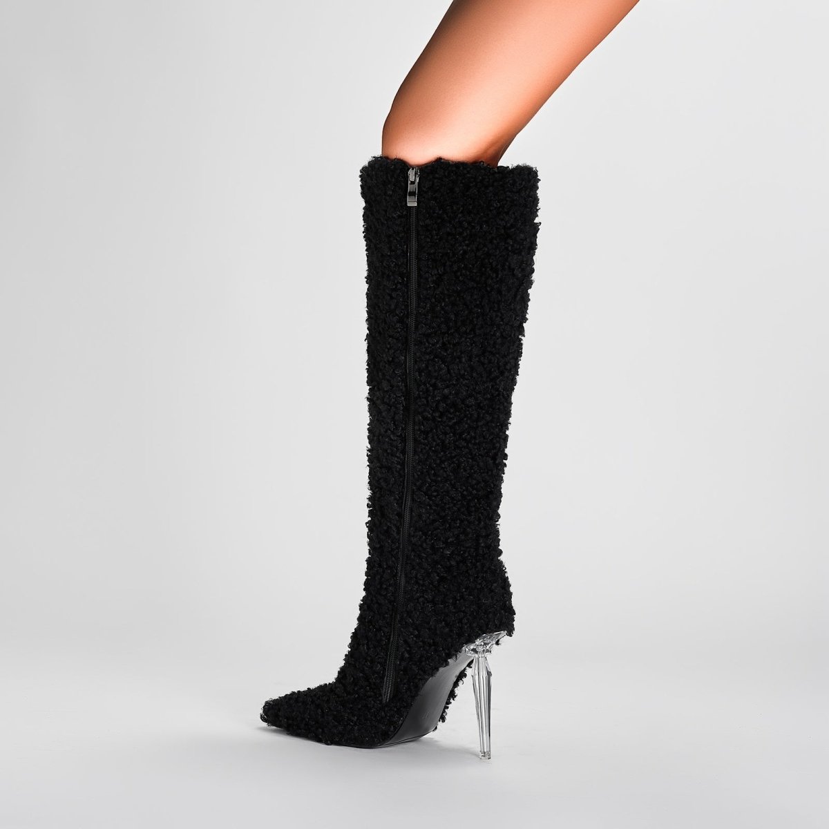 Wooly Pointed Toe Knee High Boots - 0cm