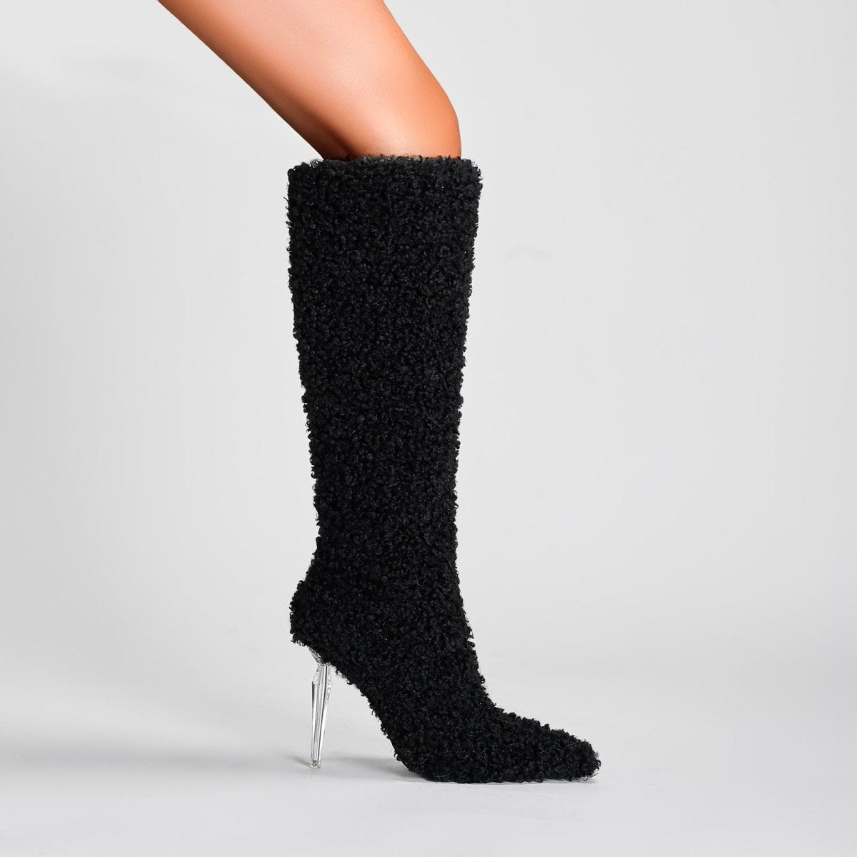 Wooly Pointed Toe Knee High Boots - 0cm