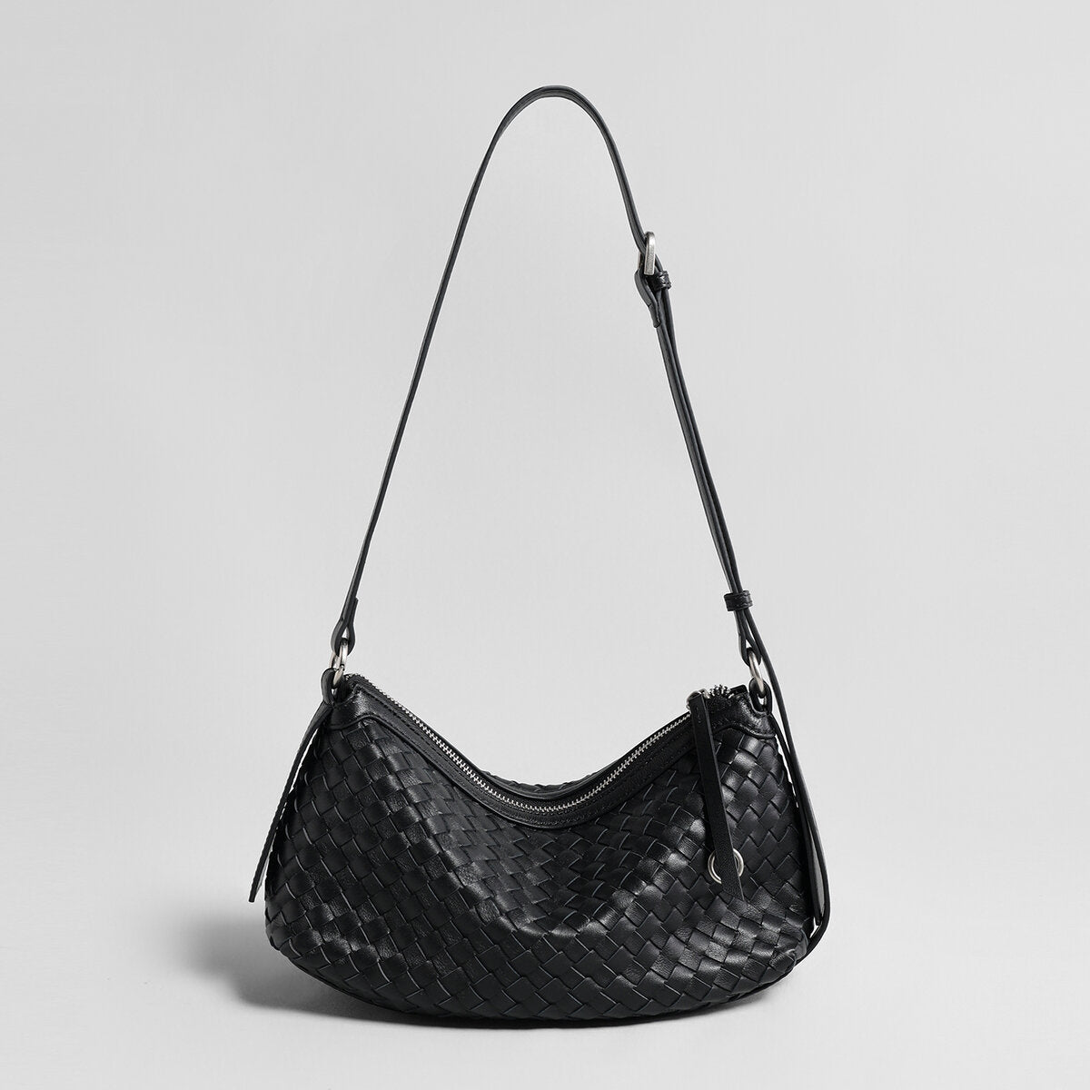 Woven Lambskin Leather Crescent Shoulder Bag – Intrecciato Weave with Adjustable Strap