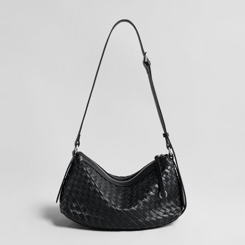 Woven Lambskin Leather Crescent Shoulder Bag – Intrecciato Weave with Adjustable Strap