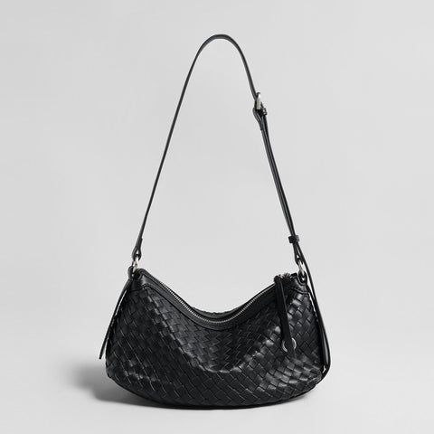 Woven Lambskin Leather Crescent Shoulder Bag – Intrecciato Weave with Adjustable Strap