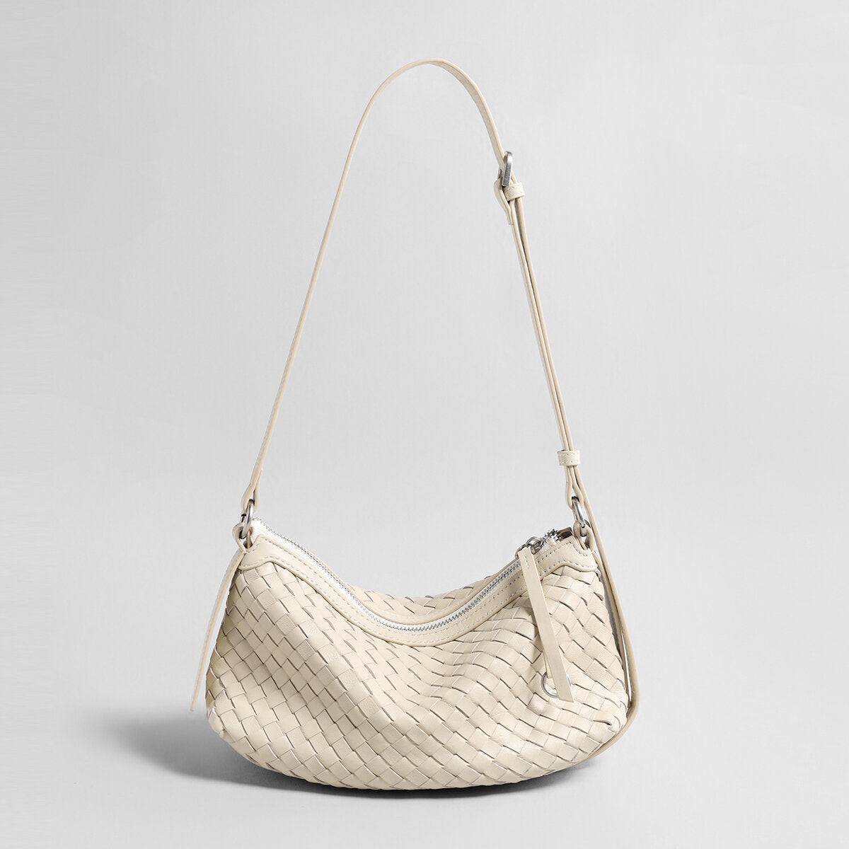 Woven Lambskin Leather Crescent Shoulder Bag – Intrecciato Weave with Adjustable Strap