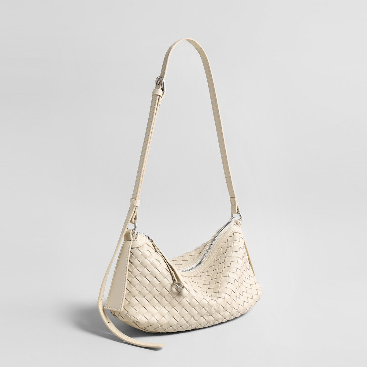 Woven Lambskin Leather Crescent Shoulder Bag – Intrecciato Weave with Adjustable Strap