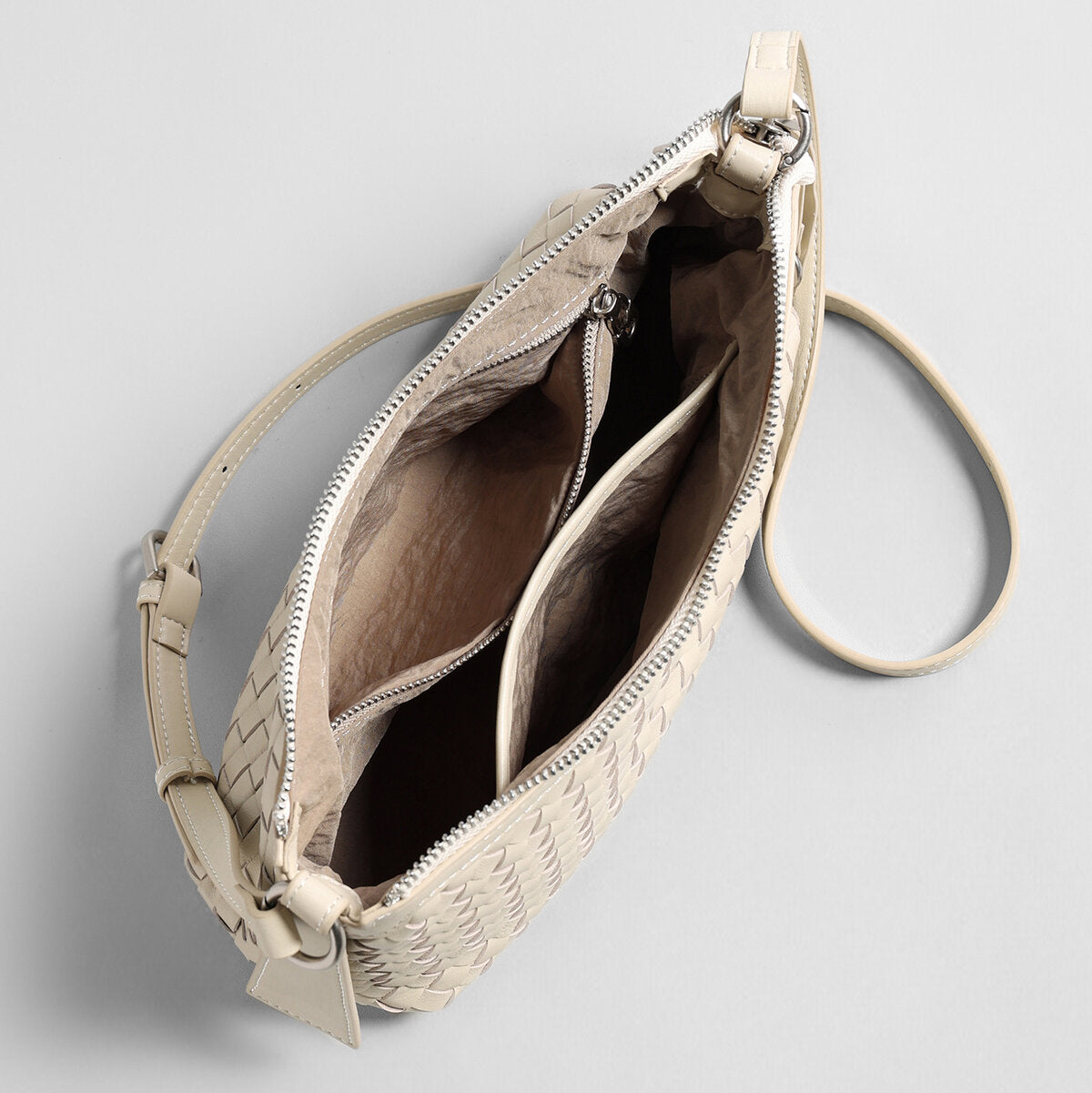 Woven Lambskin Leather Crescent Shoulder Bag – Intrecciato Weave with Adjustable Strap