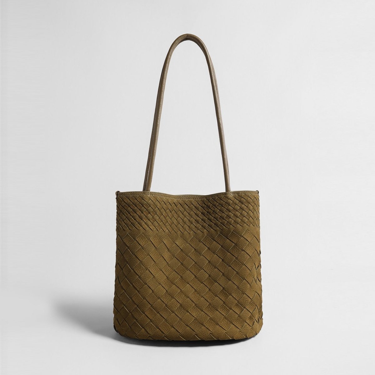 Woven Leather Tote Bag – Diamond Woven Bucket Shoulder Bag
