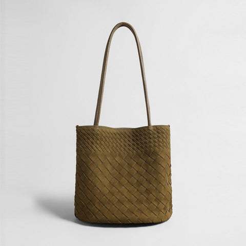 Woven Leather Tote Bag – Diamond Woven Bucket Shoulder Bag