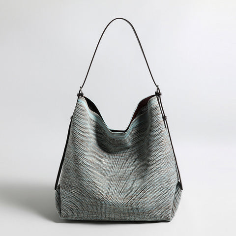 Woven Textile Hobo Shoulder Bag – Draped V-Top with Adjustable Leather Strap