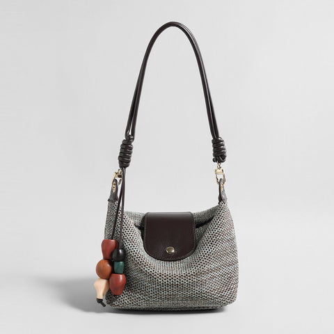 Woven Textile Shoulder Bag – Leather Flap, Beaded Charm & Convertible Strap