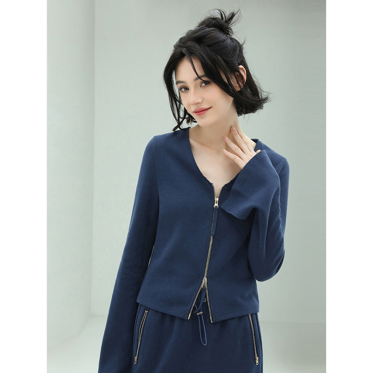 youthful collarless double zip knitted navy jacket all navy 1