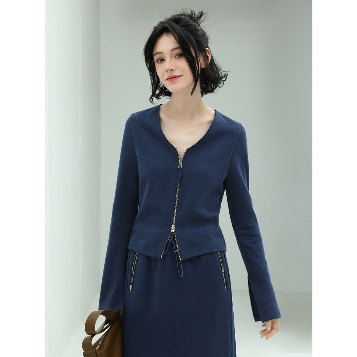 youthful collarless double zip knitted navy jacket all navy 2