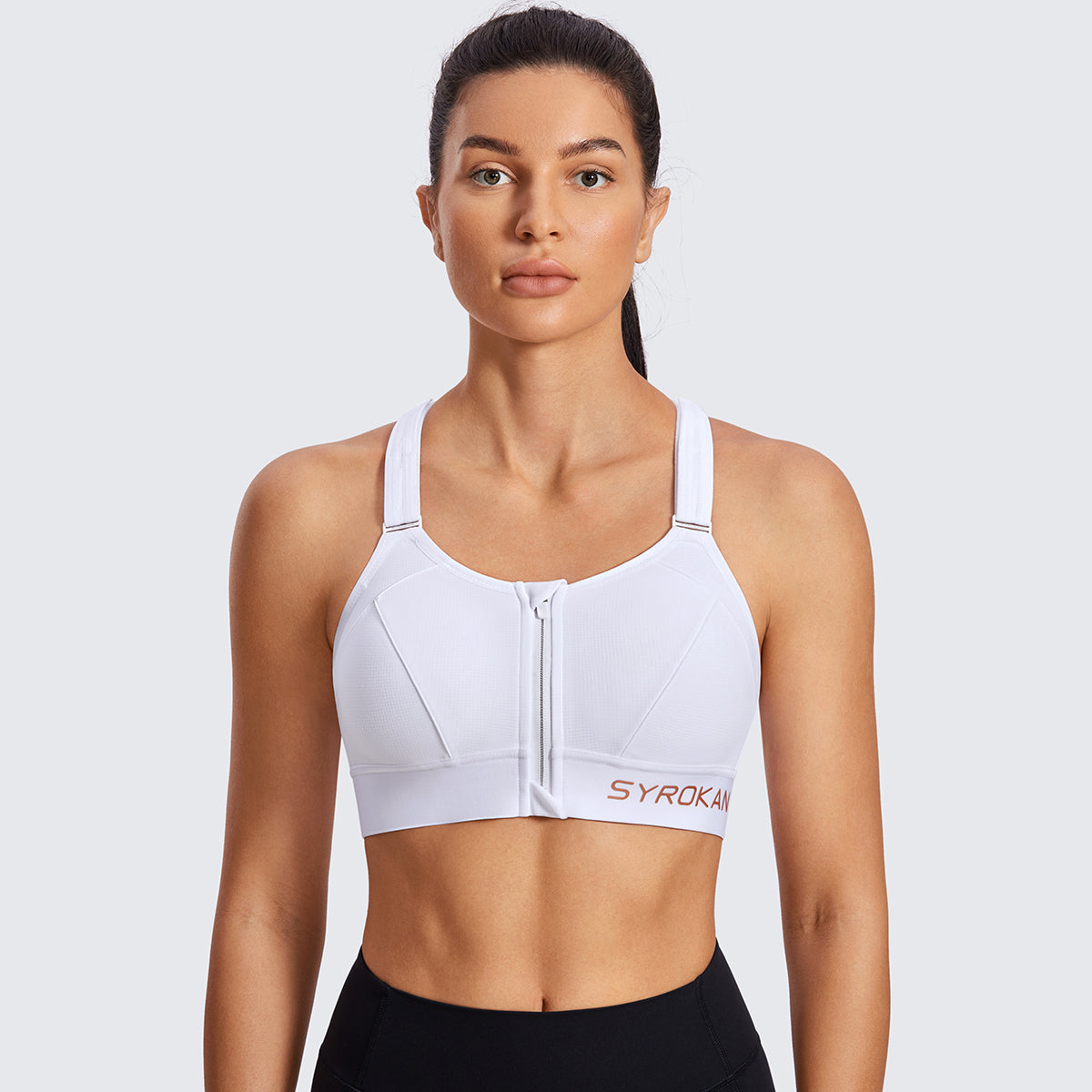 zip front large padded high impact active bra all white 1