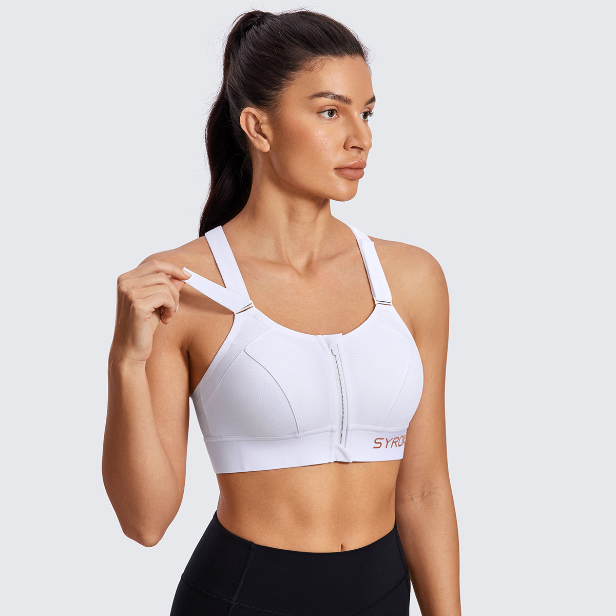zip front large padded high impact active bra all white 2