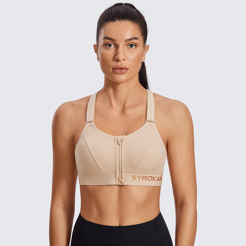 zip front large padded high impact sports bra all beige 1