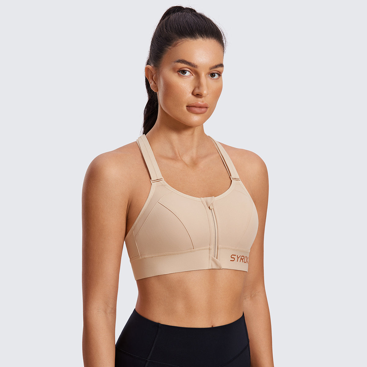 zip front large padded high impact sports bra all beige 2