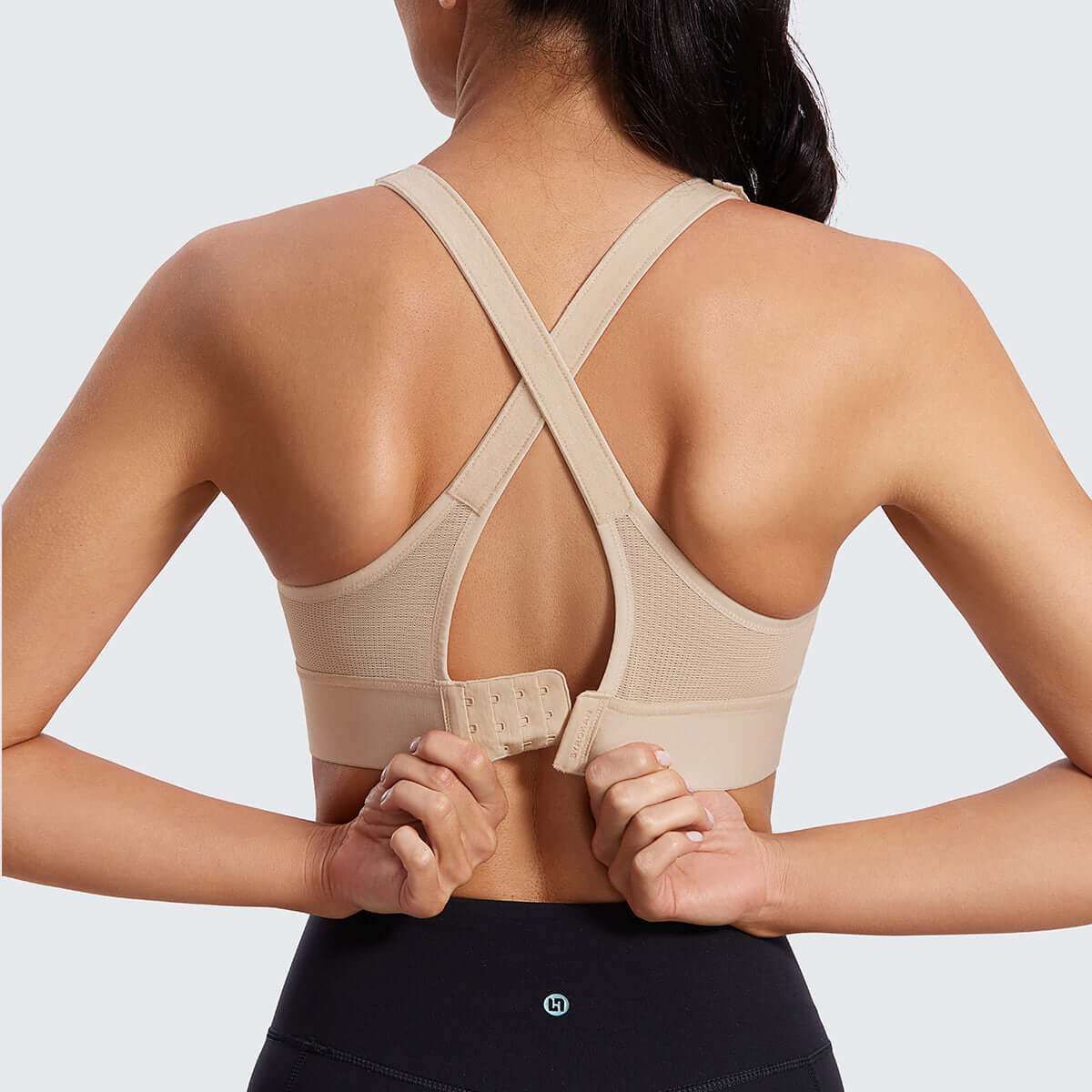 zip front large padded high impact sports bra all beige 3