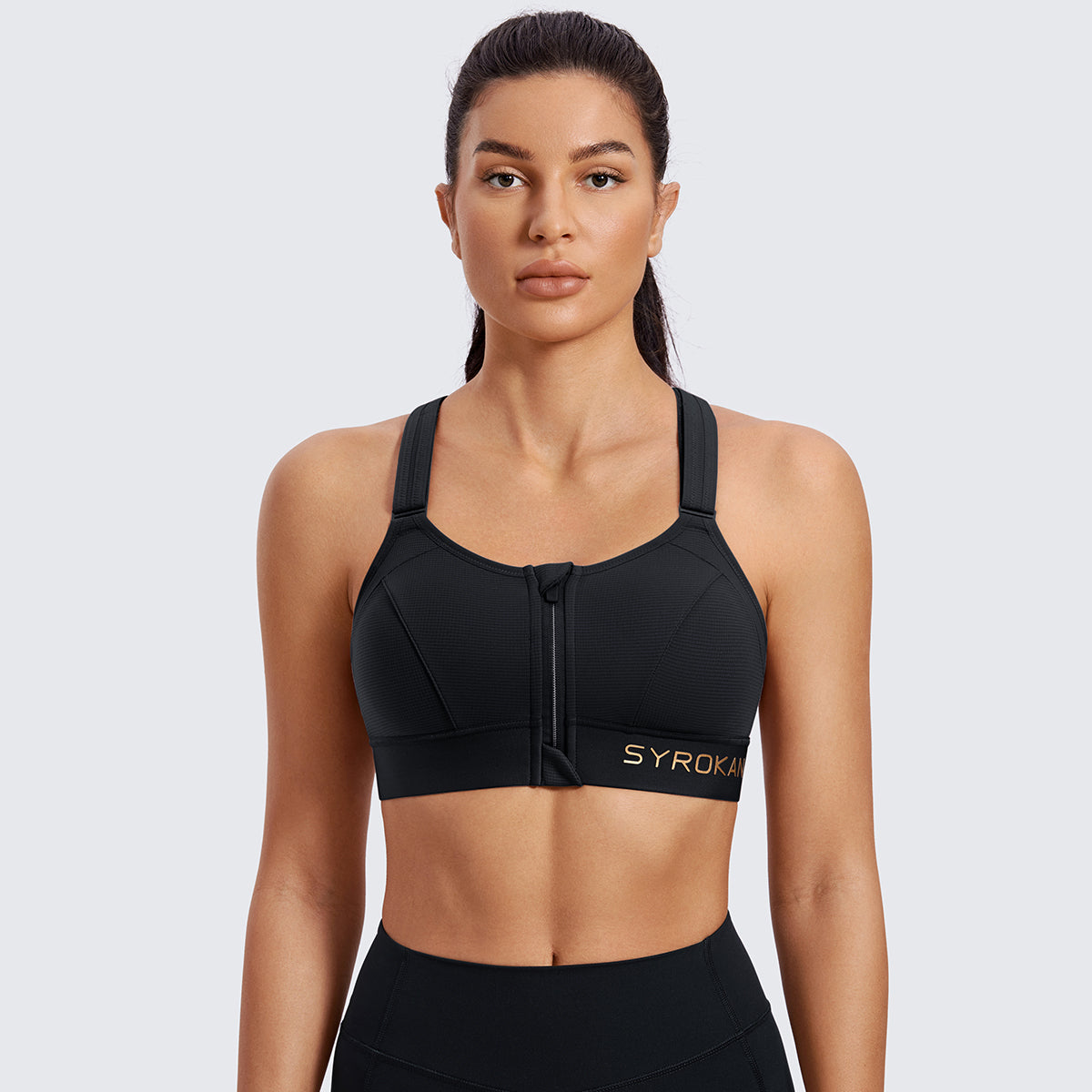 zip front large padded high impact sports bra all black 1