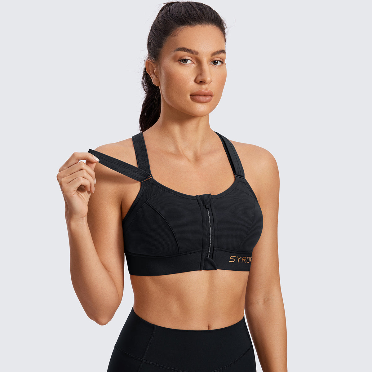 zip front large padded high impact sports bra all black 2