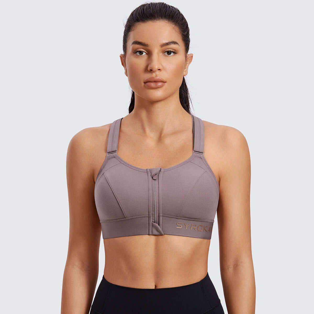 zip front large padded high impact workout bra all mocha 1