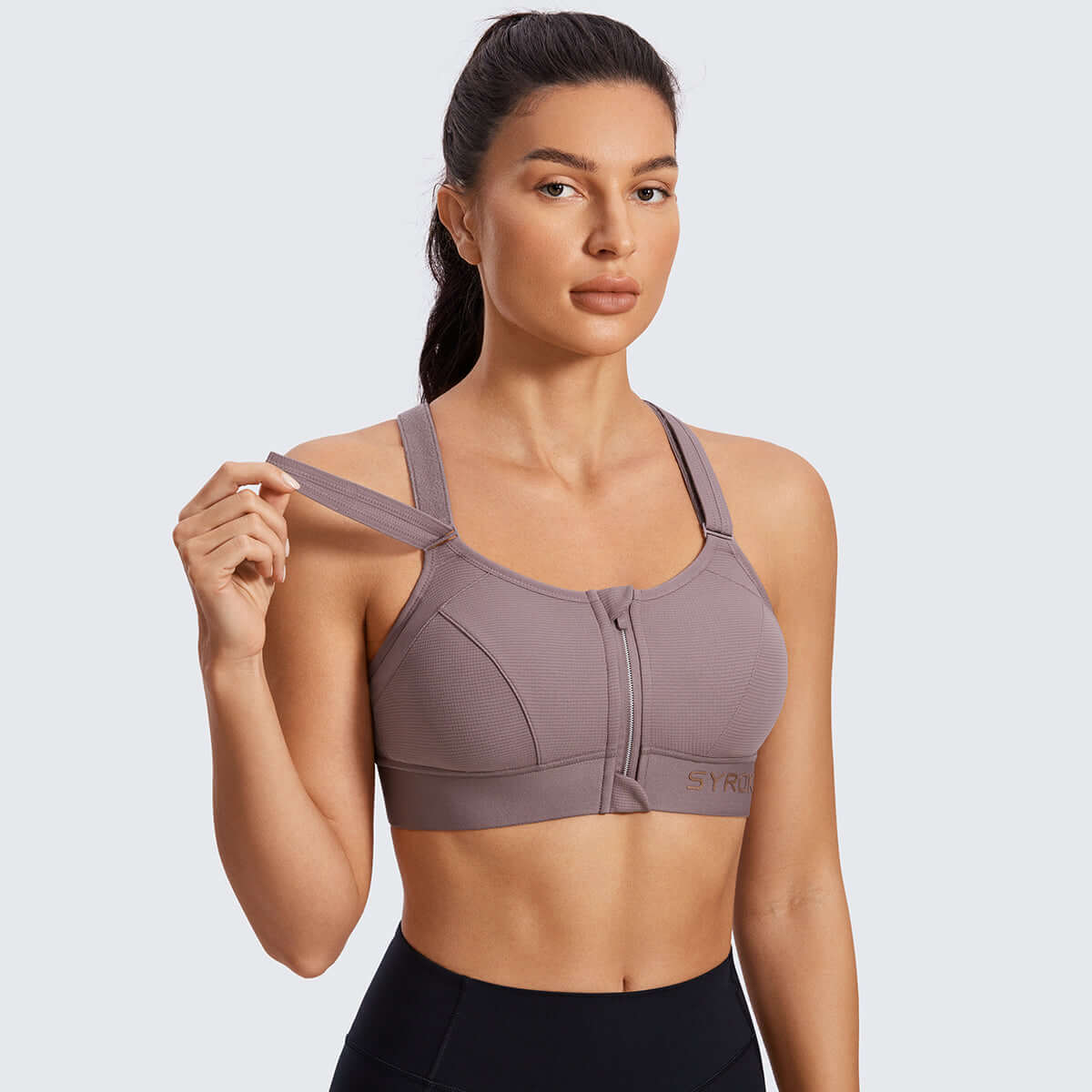 zip front large padded high impact workout bra all mocha 2