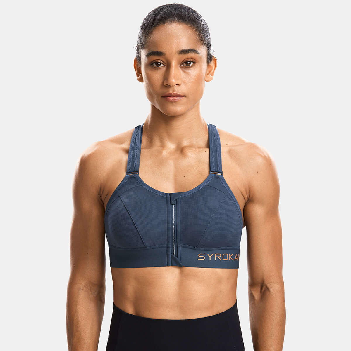 zip front large padded high impact workout bra all navy 1