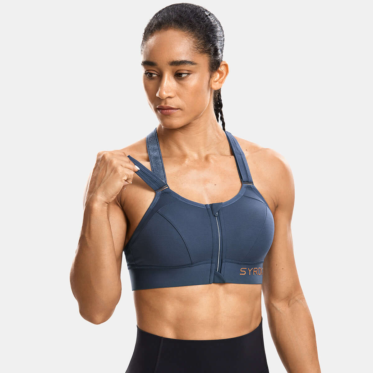 zip front large padded high impact workout bra all navy 2