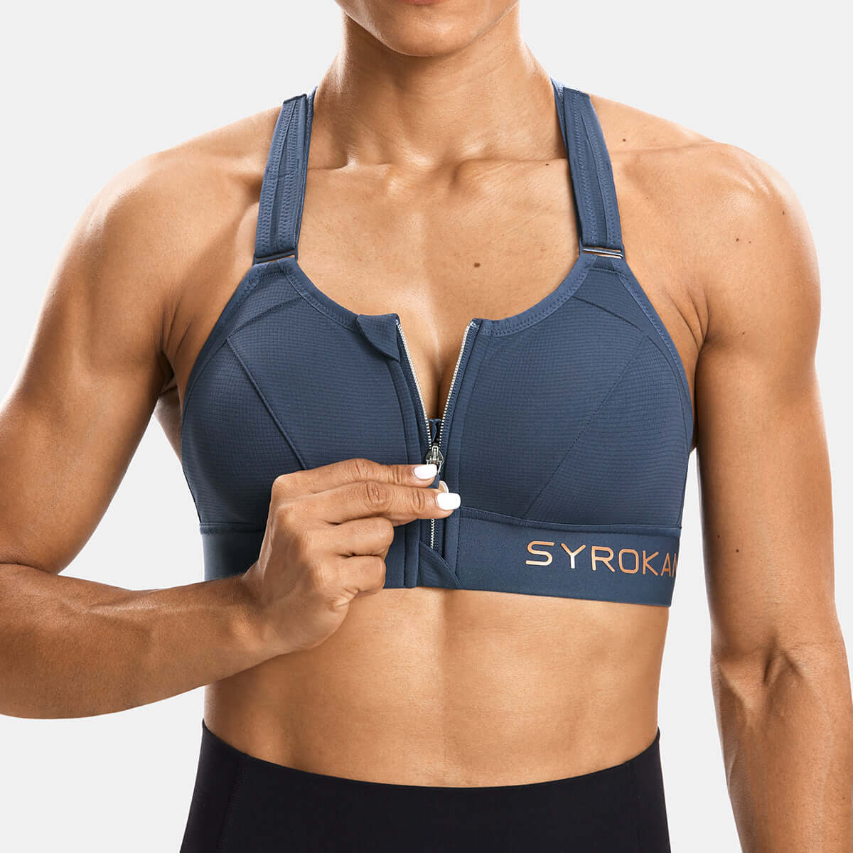 zip front large padded high impact workout bra all navy 3