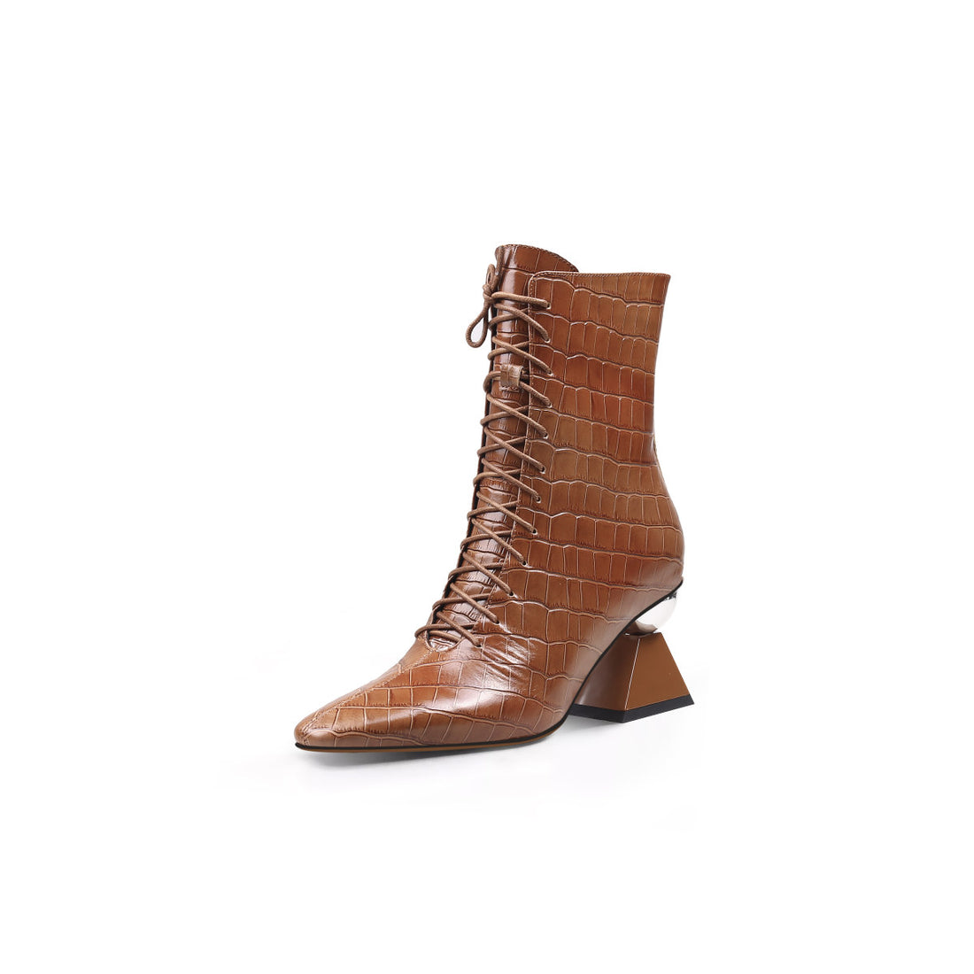 Reptile Lace-Up Pointy-Toe Brown Boots