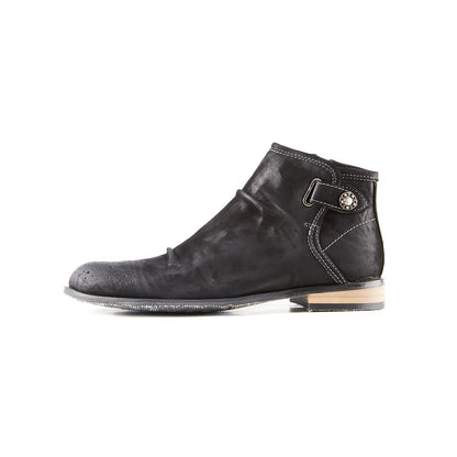 Cowboy Coiled Button Black Wrinkle Leather Boots