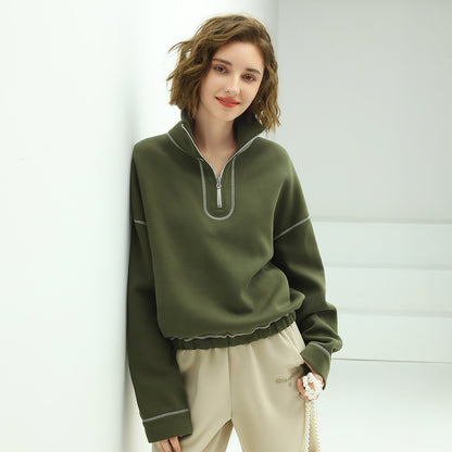 Graphic Trim Long Zip Up Green Sweater