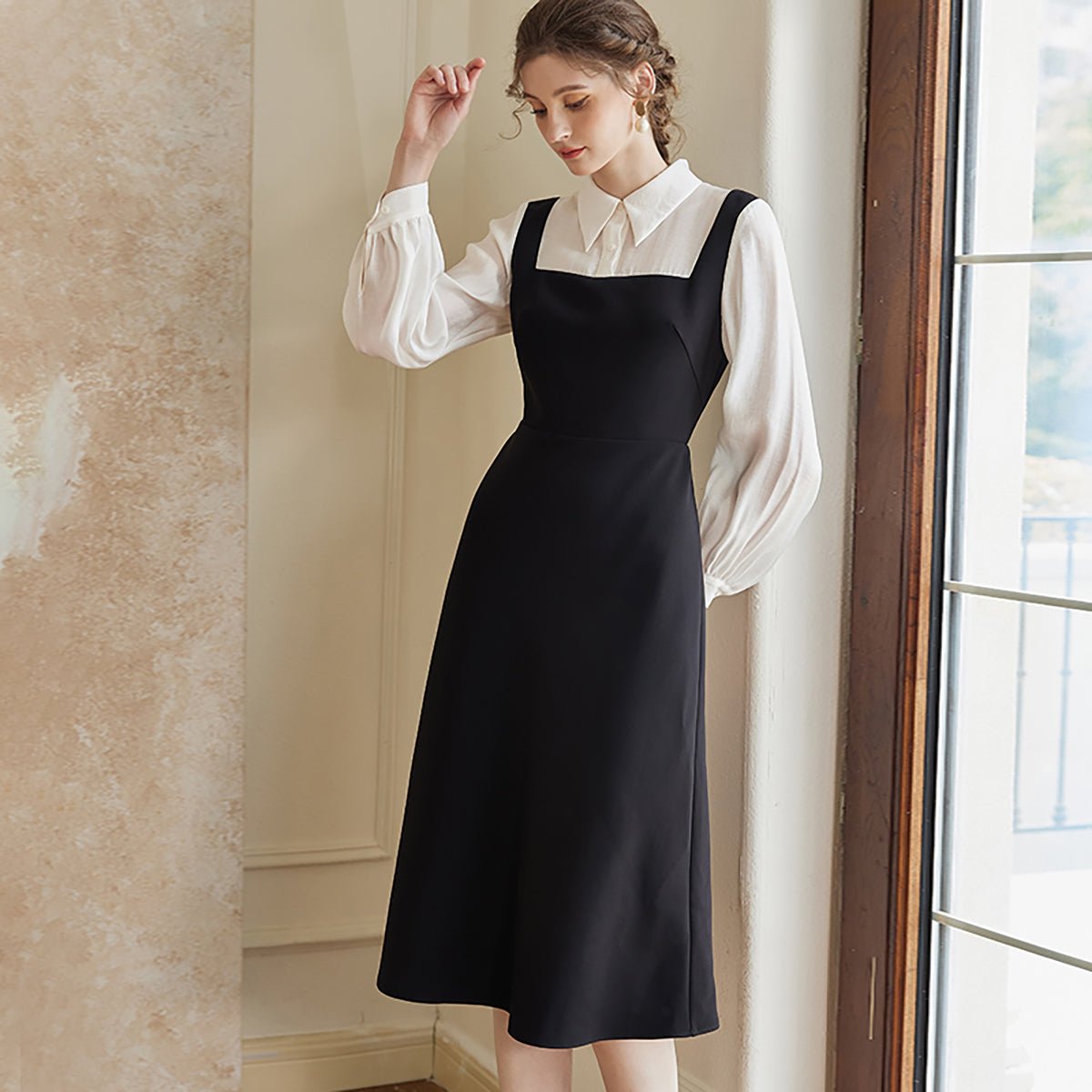 A line Black Dress with Square Neck   0cm