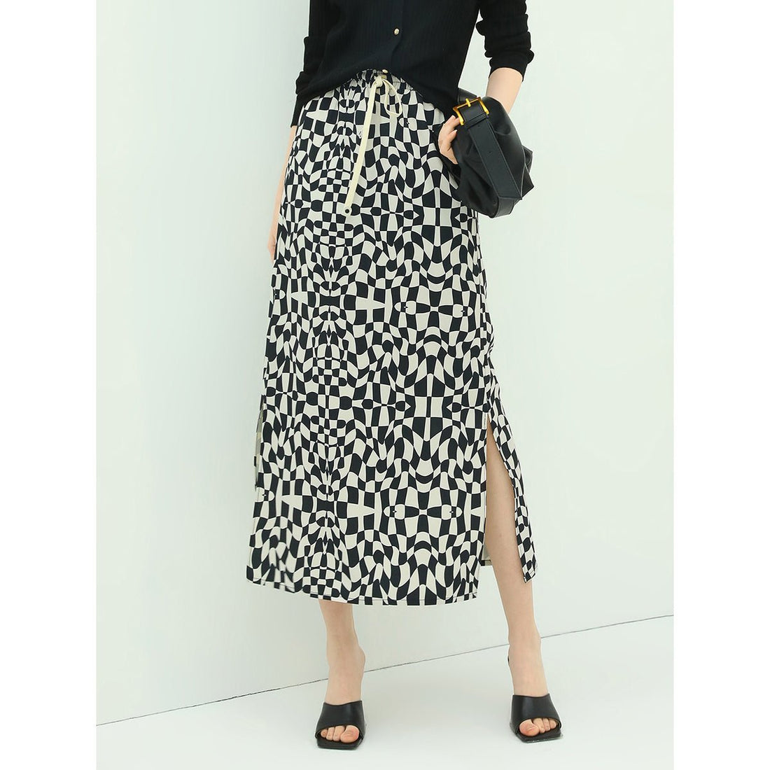 Abstract Checkboard Side Split Black Skirt - 0cm