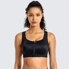 Anti-scratch Front Zip Closure Double-layer Mesh Padded Wireless Black Sports Bra