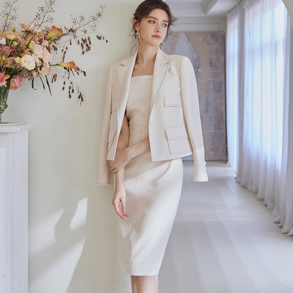 Apricot Bodycon Dress and Cropped Blazer Set, M Apricot Bodycon Dress and Cropped Blazer Set, M