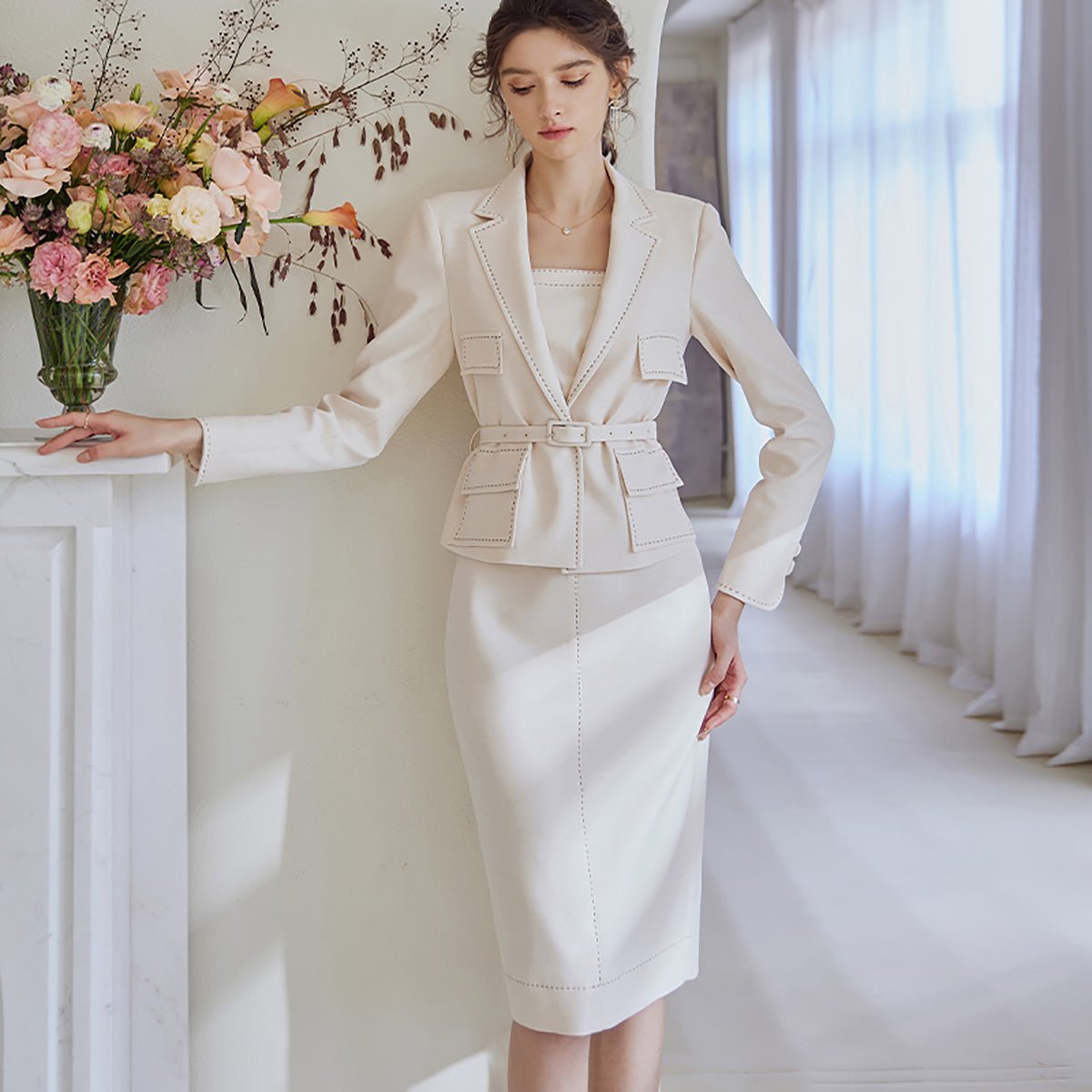 Apricot Bodycon Dress and Cropped Blazer Set, M Apricot Bodycon Dress and Cropped Blazer Set, M