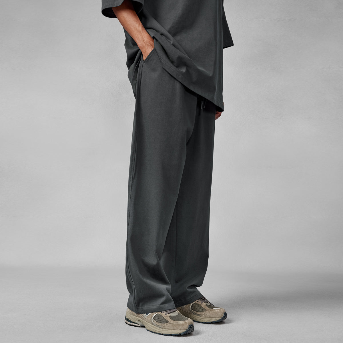 Baggy Drawstring Open Hem Charcoal Knitted Pants   0cm