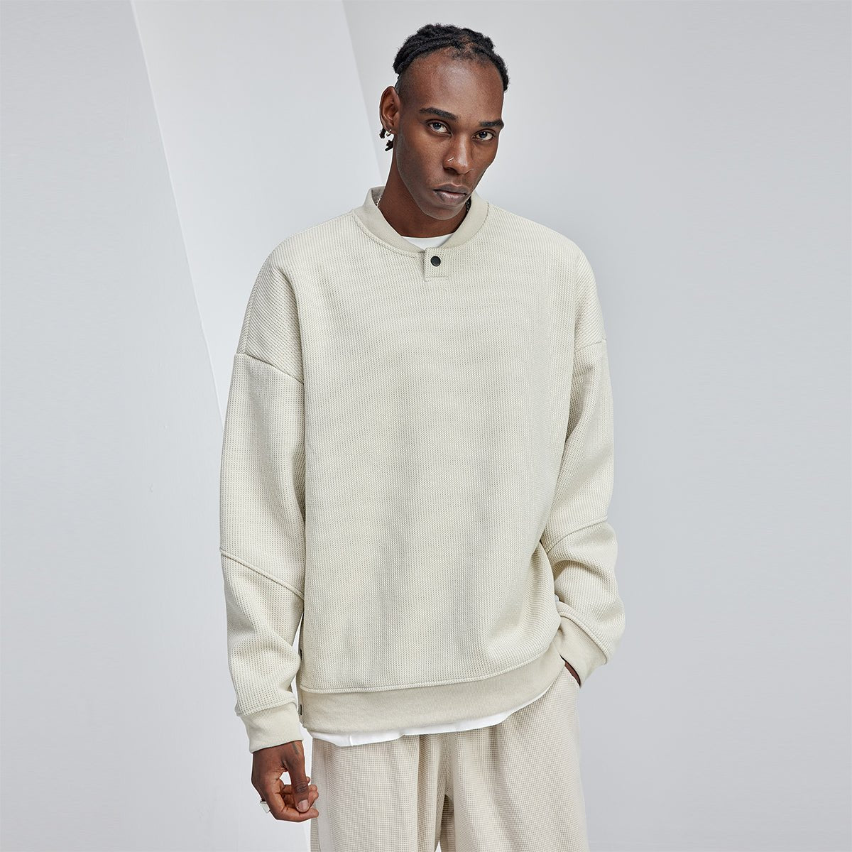 Baseball Collar Enhanced Textured Heavyweight Beige Knit