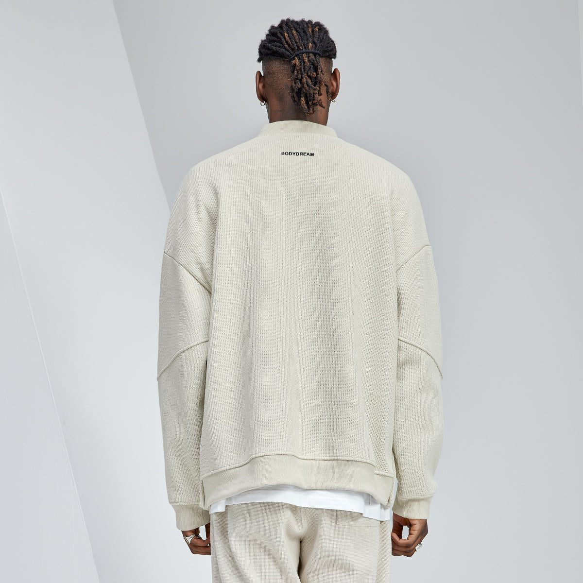 Baseball Collar Enhanced Textured Heavyweight Beige Knit   0cm