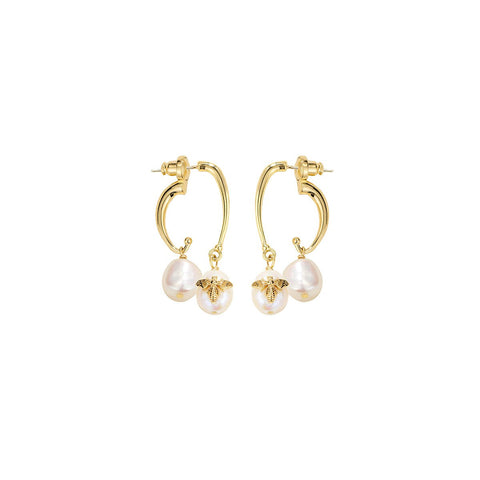 Bee On The Pearl Gold Earrings