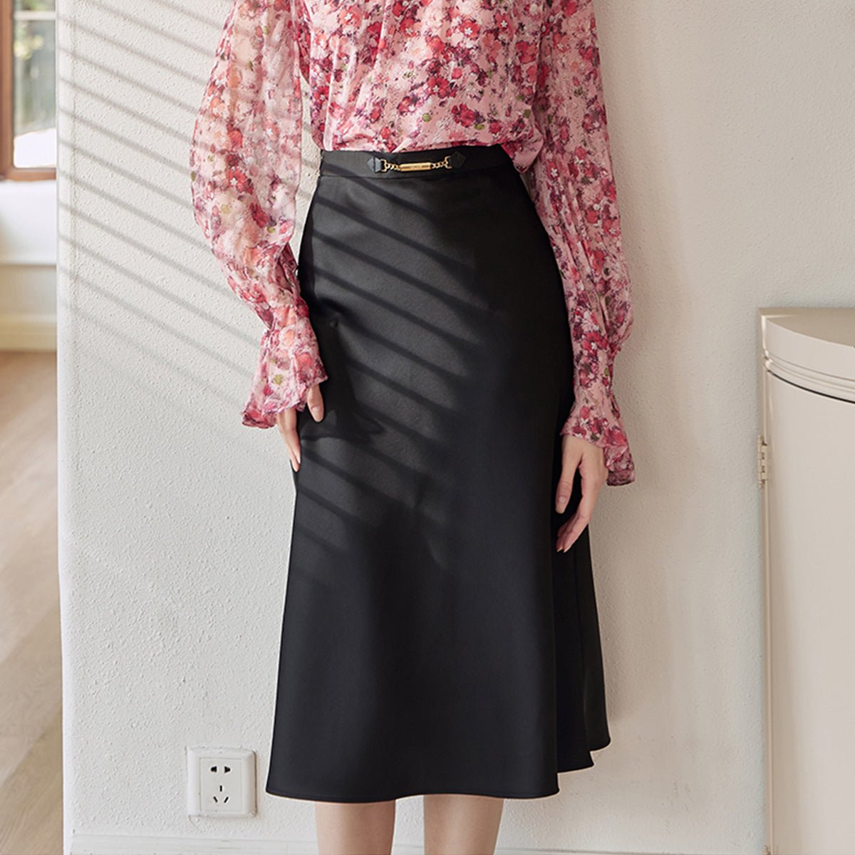 Belted A Line Black Midi Skirt