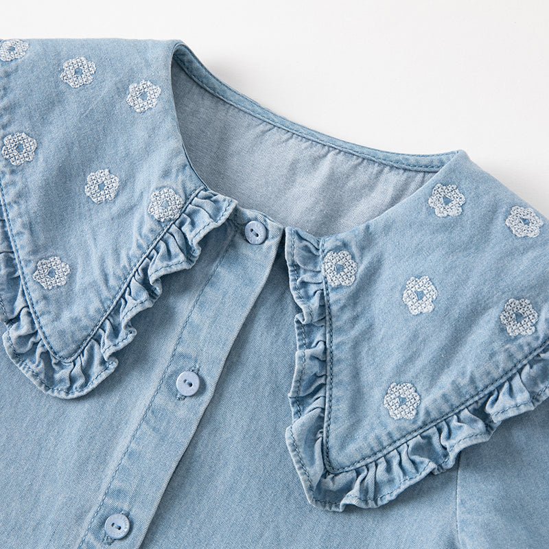 Bib Collar Flower Embroidery Girl Blue Denim Shirt   0cm