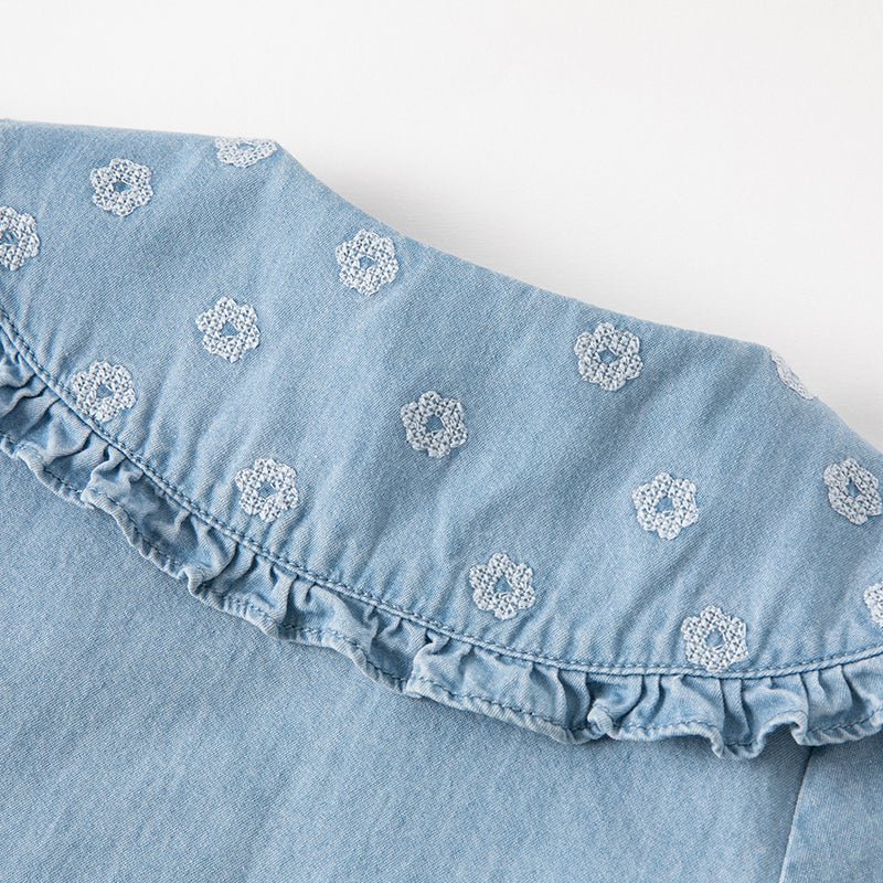 Bib Collar Flower Embroidery Girl Blue Denim Shirt   0cm