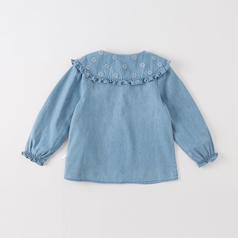 Bib Collar Flower Embroidery Girl Blue Denim Shirt - 0cm