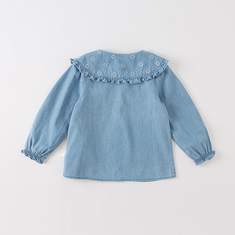 Bib Collar Flower Embroidery Girl Blue Denim Shirt   0cm