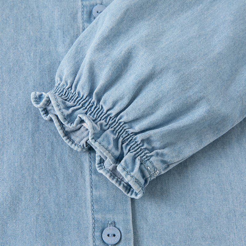 Bib Collar Flower Embroidery Girl Blue Denim Shirt   0cm